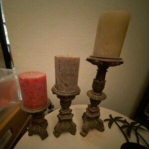 Tiered Bronze Metal Candle Holders & 3 Pillar Candles (Shown)